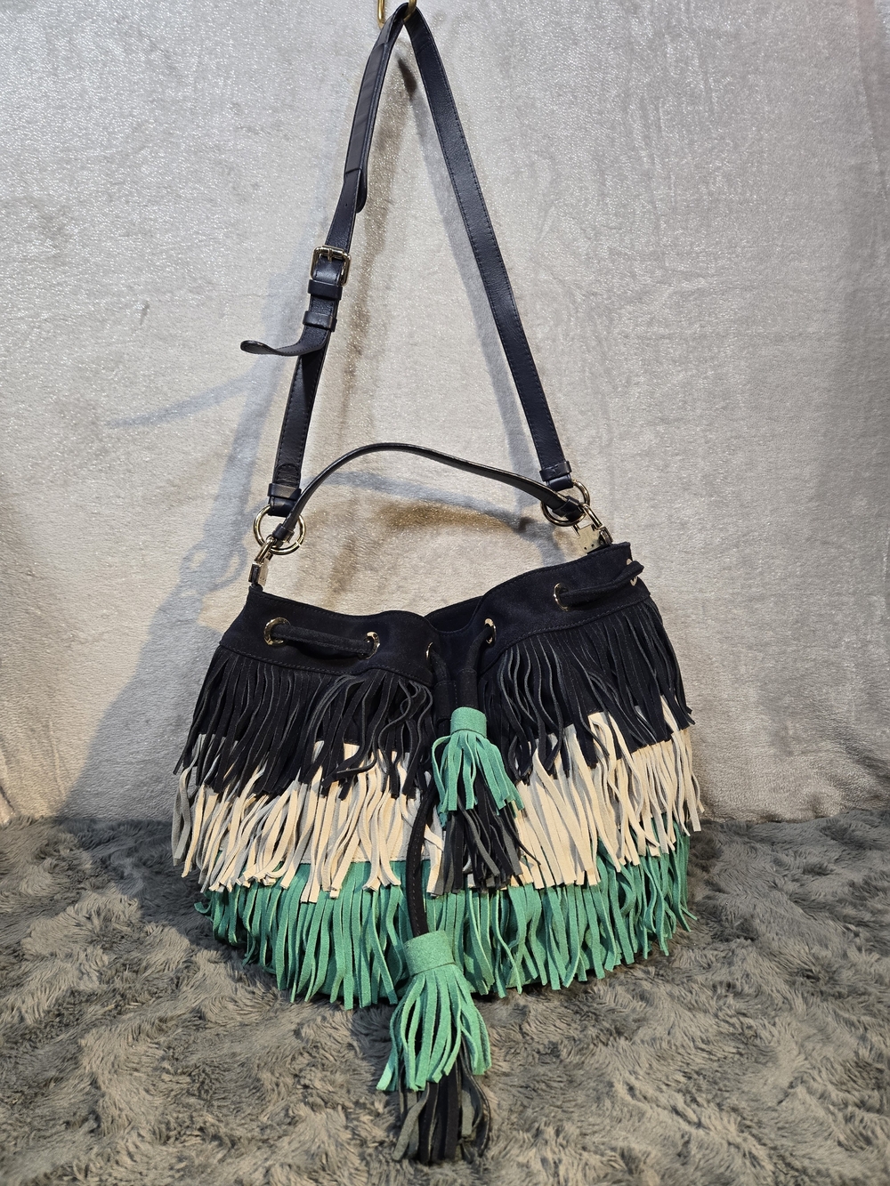 Fringed Bucket Bohemian Leather Shoulder Bag in Black, Cream & Teal